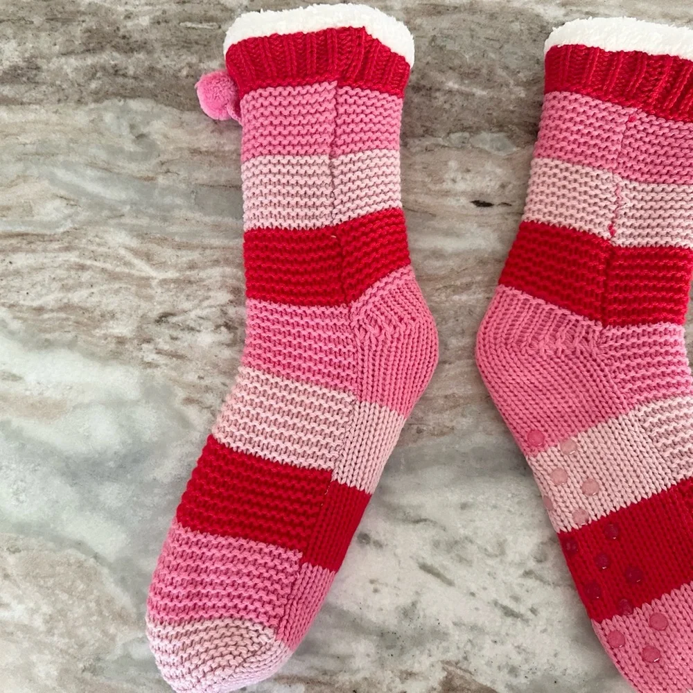 Soft & Cozy Sherpa Fleece Lined Striped Slipper Socks With Grippers & Pom Pom
